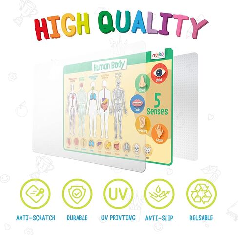 Merka Placemats for Kids - Set of 4 - Reusable, Washable Toddler Placemat with Non-Slip Back, Learn Letters, Numbers, Shapes, Colors - For Mealtime, Playtime, and Craft Activities, 17 x 11 in in Kuwait