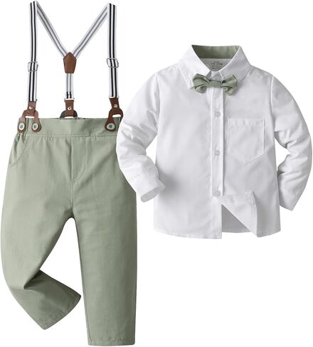 Boarnseorl Baby Boys Pants Sets,Toddler Gentleman Outfits, Infant Long Sleeve Shirt + Pants + Bow Tie + Suspenders in Kuwait