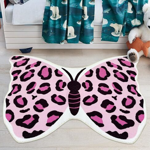 Butterfly Kids Rugs Girls Bedroom Carpet Nursery Rug for Playroom Bathroom Living Room Butterfly Room Decor for Baby Girls Soft Washable Floor Mat for Dorm Entryway, Pink Leopard, 31.5"x47" in Kuwait