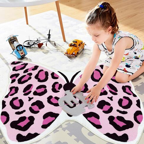 Butterfly Kids Rugs Girls Bedroom Carpet Nursery Rug for Playroom Bathroom Living Room Butterfly Room Decor for Baby Girls Soft Washable Floor Mat for Dorm Entryway, Pink Leopard, 31.5"x47" in Kuwait