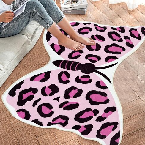 Butterfly Kids Rugs Girls Bedroom Carpet Nursery Rug for Playroom Bathroom Living Room Butterfly Room Decor for Baby Girls Soft Washable Floor Mat for Dorm Entryway, Pink Leopard, 31.5"x47" in Kuwait