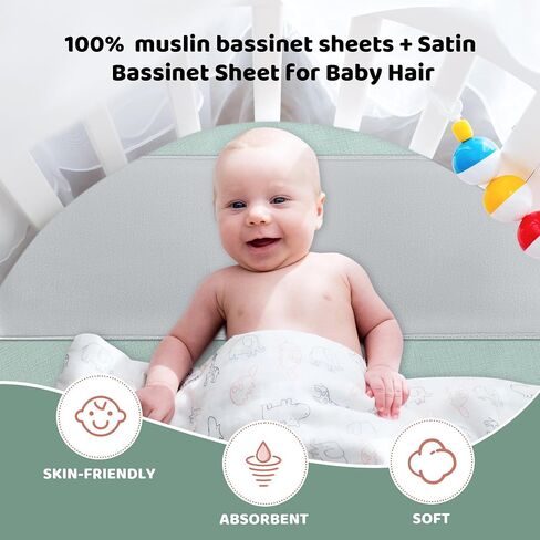 HOMBYS Muslin Fitted Crib Mattress Sheets with Satin Bassinet Sheet for Baby Hair,100% Cotton Deep Pocket Toddler Bed Sheets with Silky Soft Bassinet Slip,Baby Hair Care 3 Packs,33x17 in in Saudi Arabia