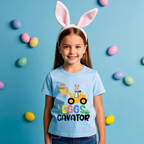 Toddler Easter Shirt Boys Girls Bunny Eggs-Cavator Truck Truck T-Shirt Kids Short Sleeve Cotton Easter Tops 2-7 Years in Kuwait