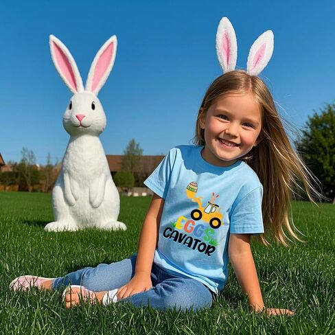 Toddler Easter Shirt Boys Girls Bunny Eggs-Cavator Truck Truck T-Shirt Kids Short Sleeve Cotton Easter Tops 2-7 Years in Kuwait