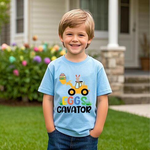 Toddler Easter Shirt Boys Girls Bunny Eggs-Cavator Truck Truck T-Shirt Kids Short Sleeve Cotton Easter Tops 2-7 Years in Kuwait