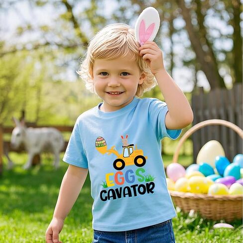 Toddler Easter Shirt Boys Girls Bunny Eggs-Cavator Truck Truck T-Shirt Kids Short Sleeve Cotton Easter Tops 2-7 Years in Kuwait