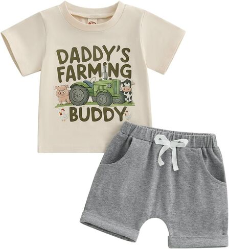 Pudcoco Toddler Baby Boys Girls Summer Clothes Farm Animal Outfit Short Sleeve T-shirt and Solid Color Shorts Set in Saudi Arabia