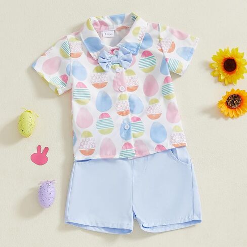 Toddler Boy Cute Bunny Lapel Button Down Shirt Top and Shorts With Pockets Infant Newborn Baby Easter Outfits in Saudi Arabia