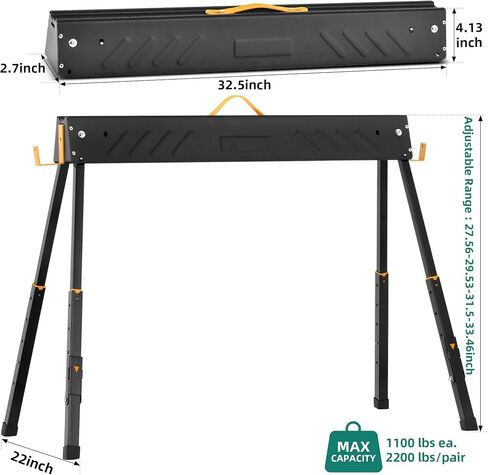 YITAHOME Folding Saw Horses 2 Pack, 27.5 to 33.4 Inch Height Adjustable Legs, Sawhorse Pair with 2x4 Support Arms, Portable Jobsite Table, 2200 Lbs Load Capacity Pro Bench Saw Horse for Woodworking, Carpenters in Saudi Arabia