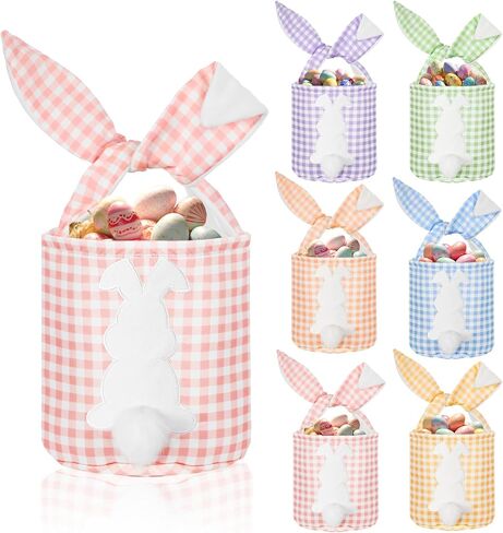 6 PCS Easter Bunny Basking Bags Canvas Easter Eggs Tote Rabbit Bucket مع أذني قابلة للطي حقيبة مطاردة فارغة مع مقبض لوازم الحفلات (لون لطيف ، منقوشة) in Kuwait