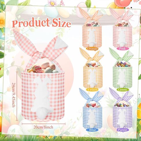 6 PCS Easter Bunny Basking Bags Canvas Easter Eggs Tote Rabbit Bucket مع أذني قابلة للطي حقيبة مطاردة فارغة مع مقبض لوازم الحفلات (لون لطيف ، منقوشة) in Kuwait