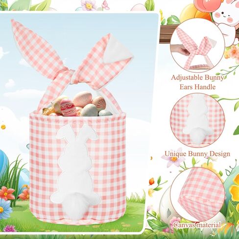 6 PCS Easter Bunny Basking Bags Canvas Easter Eggs Tote Rabbit Bucket مع أذني قابلة للطي حقيبة مطاردة فارغة مع مقبض لوازم الحفلات (لون لطيف ، منقوشة) in Kuwait