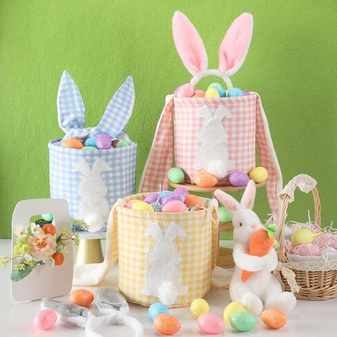 6 PCS Easter Bunny Basking Bags Canvas Easter Eggs Tote Rabbit Bucket مع أذني قابلة للطي حقيبة مطاردة فارغة مع مقبض لوازم الحفلات (لون لطيف ، منقوشة) in Kuwait