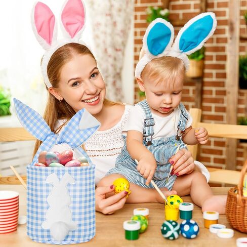 6 PCS Easter Bunny Basking Bags Canvas Easter Eggs Tote Rabbit Bucket مع أذني قابلة للطي حقيبة مطاردة فارغة مع مقبض لوازم الحفلات (لون لطيف ، منقوشة) in Kuwait