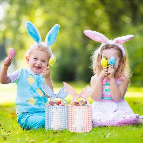 6 PCS Easter Bunny Basking Bags Canvas Easter Eggs Tote Rabbit Bucket مع أذني قابلة للطي حقيبة مطاردة فارغة مع مقبض لوازم الحفلات (لون لطيف ، منقوشة) in Kuwait