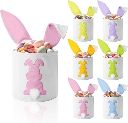 6 Pcs Easter Bunny Basket Bags Canvas Easter Eggs Tote Rabbit Print Bucket with Foldable Ears Empty Hunt Bag with Handle for Party Decorations Supplies(Cute Color,Plaid) in Kuwait