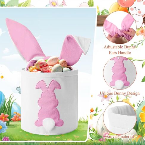6 Pcs Easter Bunny Basket Bags Canvas Easter Eggs Tote Rabbit Print Bucket with Foldable Ears Empty Hunt Bag with Handle for Party Decorations Supplies(Cute Color,Plaid) in Kuwait