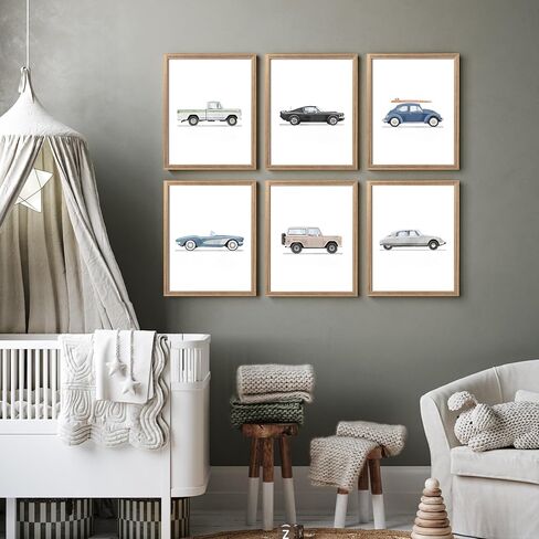 8x10 inch x6 Frame Watercolor Classic Car Art Print Vintage Racing Buggy Canvas Wall Art Boys Bedroom Playroom Decoration Vintage Car Artwork in Saudi Arabia