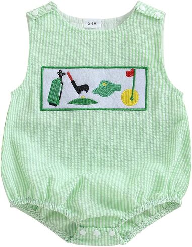 Newborn Infant Baby Boy Summer Outfits Sleeveless Smocked Bubble Romper One Piece Golf Onesie Clothes in Kuwait