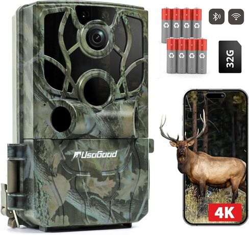 usogood Trail Camera 4K 48MP Game Camera with 8 Batteries 32GB Card,WiFi Bluetooth Connection,Trail Cameras with Night Vison Motion Activated Waterproof for for Deer/Hunting/Wildlife Monitoring in Saudi Arabia