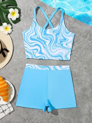 Milumia Girl's Two Piece Tankini Set Boho Marble Print Tankini Top and Shorts Swimsuit in Saudi Arabia