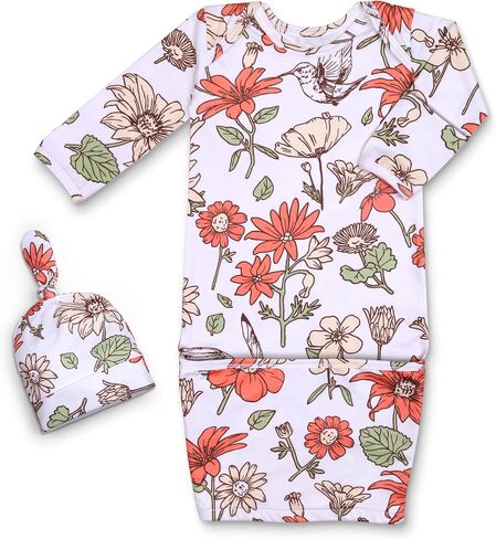 MVUOCR Newborn Baby Girl Sleeper Gown, Soft Breathable Newborn Sleepers with Bottom Fold-Over Pouch & Mittens,Long Sleeve Infant Sleepwear with Hat,Babys Gifts Essential Outfit Orange Flower in Kuwait