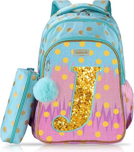 Girls Backpack with Lunch Box for Elementary School, 16 Inch School Backpack for Girls with Letter K Sparkling Sequin in Saudi Arabia