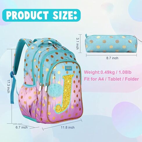 Girls Backpack with Lunch Box for Elementary School, 16 Inch School Backpack for Girls with Letter K Sparkling Sequin in Saudi Arabia