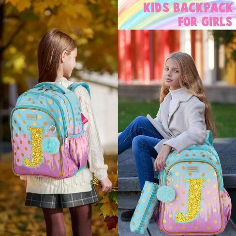 Girls Backpack with Lunch Box for Elementary School, 16 Inch School Backpack for Girls with Letter K Sparkling Sequin in Saudi Arabia