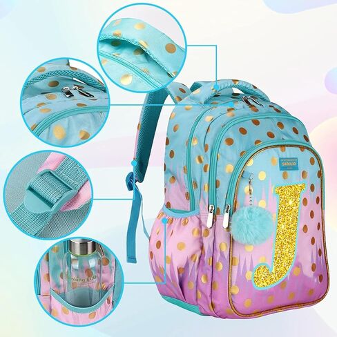 Girls Backpack with Lunch Box for Elementary School, 16 Inch School Backpack for Girls with Letter K Sparkling Sequin in Saudi Arabia
