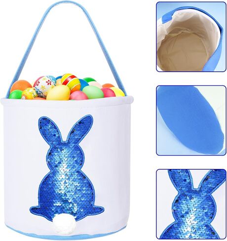 Easter Basket for Kids Bunny Basket with Sequin Rabbit Fluffy Tails Baby Basket with Handle Empty Easter Egg Hunting Bags for Boys Girls Kids Toddler (Blue Style) in Saudi Arabia
