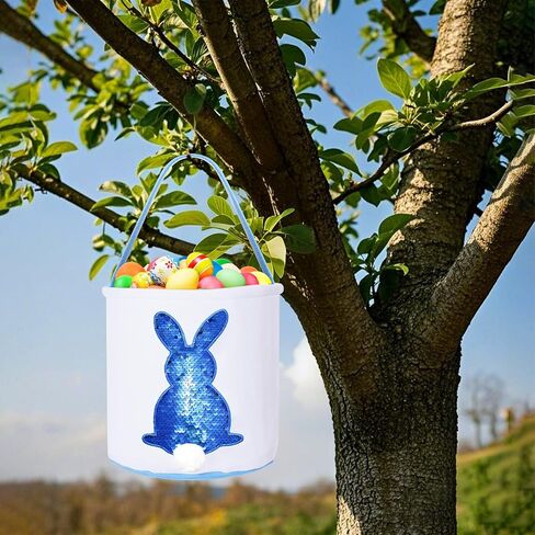Easter Basket for Kids Bunny Basket with Sequin Rabbit Fluffy Tails Baby Basket with Handle Empty Easter Egg Hunting Bags for Boys Girls Kids Toddler (Blue Style) in Saudi Arabia
