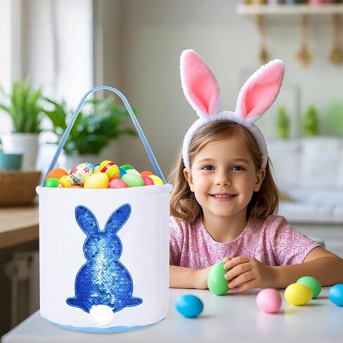 Easter Basket for Kids Bunny Basket with Sequin Rabbit Fluffy Tails Baby Basket with Handle Empty Easter Egg Hunting Bags for Boys Girls Kids Toddler (Blue Style) in Saudi Arabia