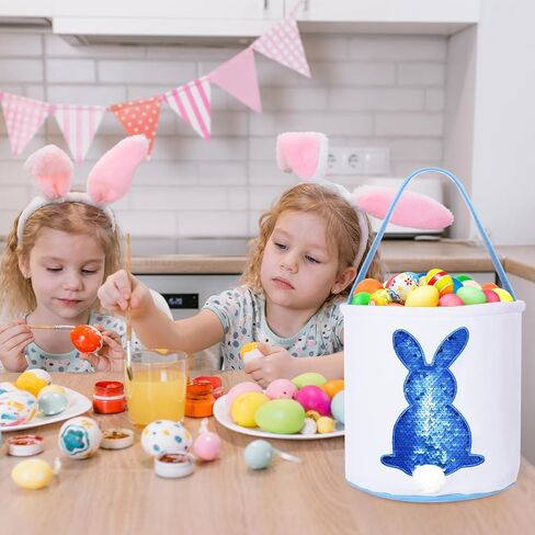 Easter Basket for Kids Bunny Basket with Sequin Rabbit Fluffy Tails Baby Basket with Handle Empty Easter Egg Hunting Bags for Boys Girls Kids Toddler (Blue Style) in Saudi Arabia