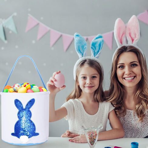 Easter Basket for Kids Bunny Basket with Sequin Rabbit Fluffy Tails Baby Basket with Handle Empty Easter Egg Hunting Bags for Boys Girls Kids Toddler (Blue Style) in Saudi Arabia