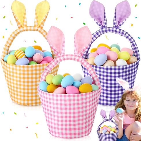3 Pcs Easter Bunny Basket Personalized Egg Hunt Basket Bags with Rabbit Ears Easter Candy Egg Gift Buckets for Kids Easter Party Gifts, 2025 New, Safety and No Odor(Green Pink Yellow) in Saudi Arabia