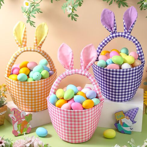 3 Pcs Easter Bunny Basket Personalized Egg Hunt Basket Bags with Rabbit Ears Easter Candy Egg Gift Buckets for Kids Easter Party Gifts, 2025 New, Safety and No Odor(Green Pink Yellow) in Saudi Arabia
