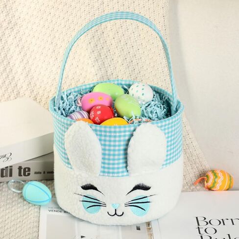 Easter Bunny Basket,Cute Plush Easter Bucket with Handle for Easter Party Egg Hunts Decorations Candy Gifts Storage (Blue) in Saudi Arabia
