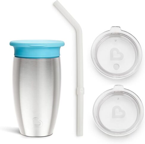 Munchkin Sippy Cup for Toddlers, Miracle 360 Stainless Steel with Straw Cup and Open Sipper Lid Grow with Me Kit, 10 Ounce, Blue in Saudi Arabia
