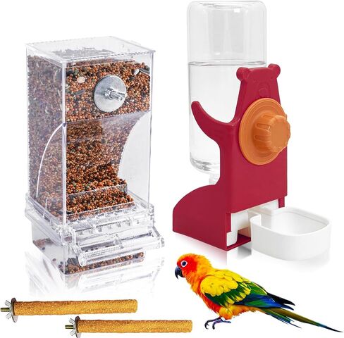 VCEPJH No Mess Bird Feeder with Water Dispenser, Automatic Parrot Feeder Drinker Parakeet Seed Dispenser Food Container with Cage Perch for Lovebirds Conures Budgies Canary Finch (4Pcs) in Kuwait
