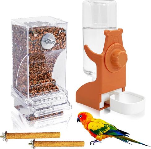 VCEPJH No Mess Bird Feeder with Water Dispenser, Automatic Parrot Feeder Drinker Parakeet Seed Dispenser Food Container with Cage Perch for Lovebirds Conures Budgies Canary Finch (4Pcs) in Kuwait