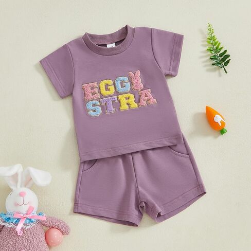 Easter Toddler Baby Girl Boy Outfit Bunny Short Sleeve Rabbit Shirt Summer Spring Clothes Solid Shorts Set in Saudi Arabia
