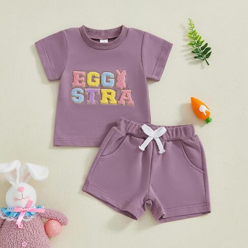 Easter Toddler Baby Girl Boy Outfit Bunny Short Sleeve Rabbit Shirt Summer Spring Clothes Solid Shorts Set in Saudi Arabia