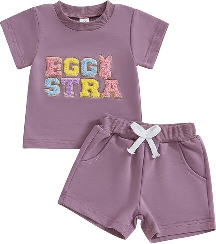Easter Toddler Baby Girl Boy Outfit Bunny Short Sleeve Rabbit Shirt Summer Spring Clothes Solid Shorts Set in Saudi Arabia