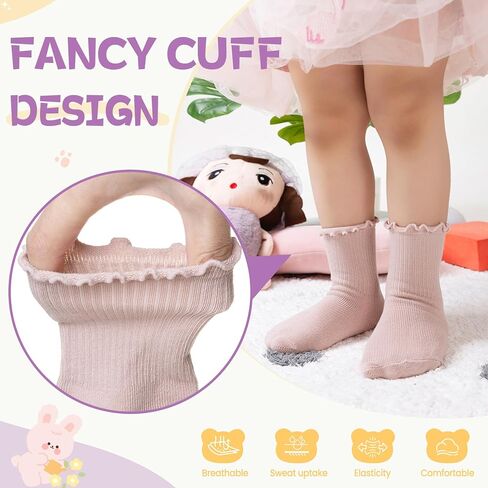 Velice Baby Girls Socks Infant Toddler Girls Frilly Drity Drity Custer Crew Socks 6 Pairs in Kuwait