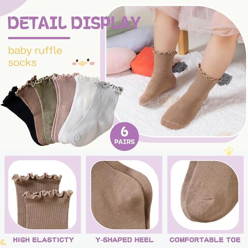 Velice Baby Girls Socks Infant Toddler Girls Frilly Drity Drity Custer Crew Socks 6 Pairs in Kuwait