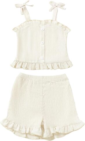 Mioglrie Toddler Baby Girl Summer Clothes Infant Outfits Cute Ruffle Sleeveless Shirt Halter Top 2 Piece Short Set in Saudi Arabia