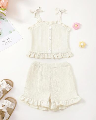 Mioglrie Toddler Baby Girl Summer Clothes Infant Outfits Cute Ruffle Sleeveless Shirt Halter Top 2 Piece Short Set in Saudi Arabia