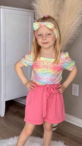 Arshiner Toddler Girl Clothes Square Neck Puff Sleeve Tops + Paper Bag Shorts + Headband 3pcs Summer Little Girl Outfits 2-8Y in Saudi Arabia