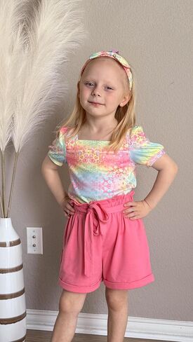 Arshiner Toddler Girl Clothes Square Neck Puff Sleeve Tops + Paper Bag Shorts + Headband 3pcs Summer Little Girl Outfits 2-8Y in Saudi Arabia